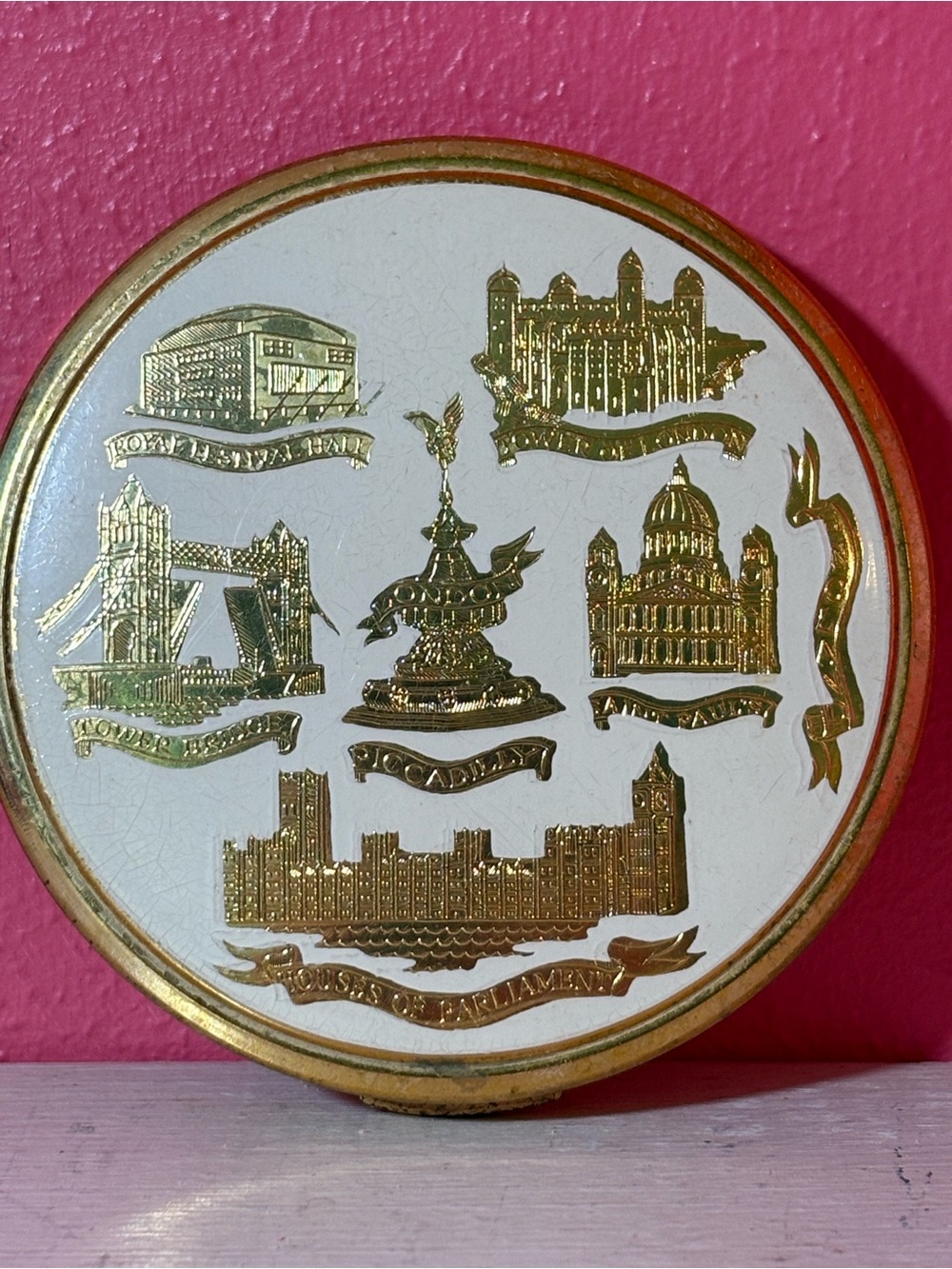 Vintage * Gold Woman's Compact Mirror London Landmarks GUC English Antique RETRO